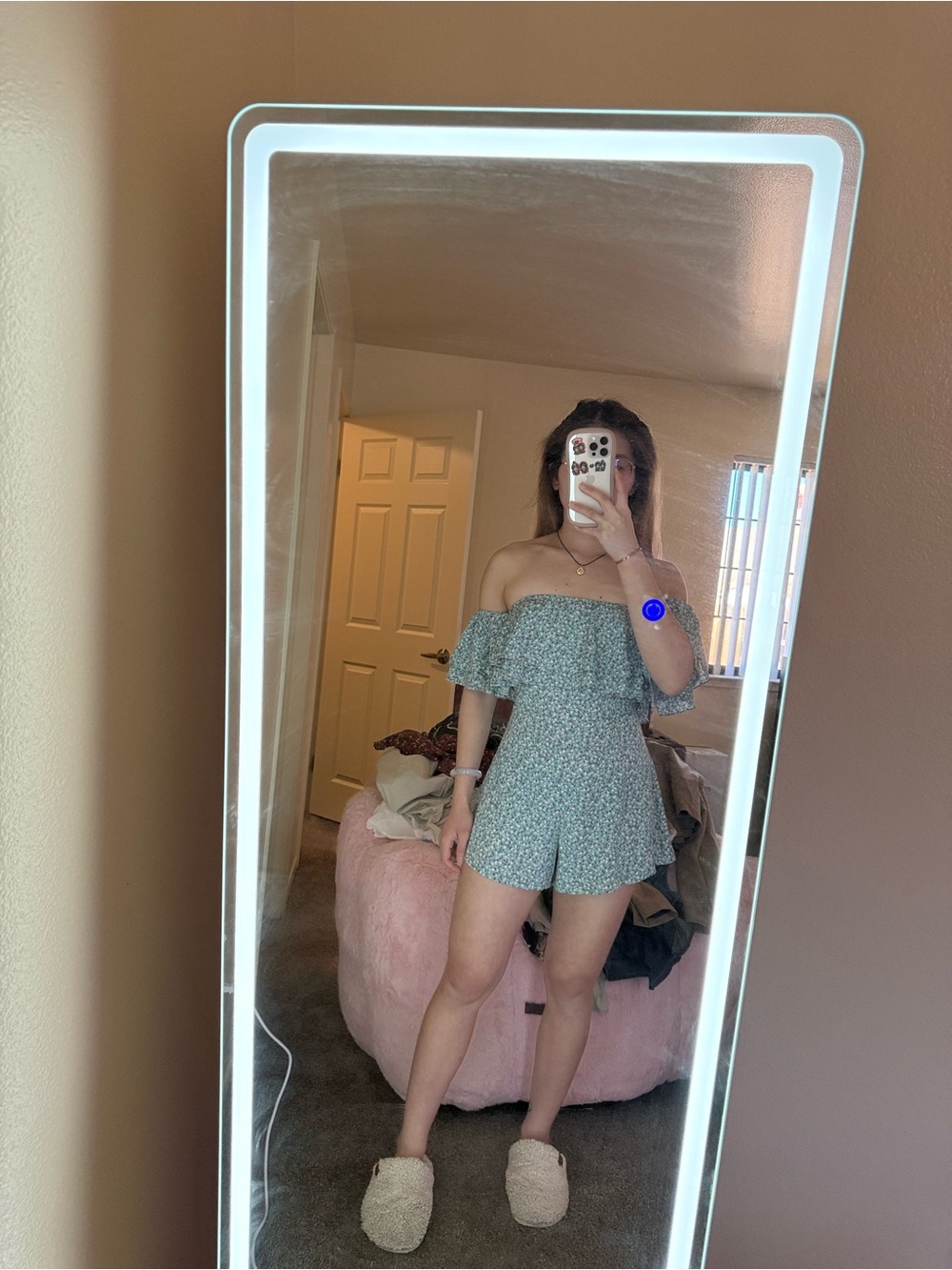 Off-Shoulder Green Floral Romper